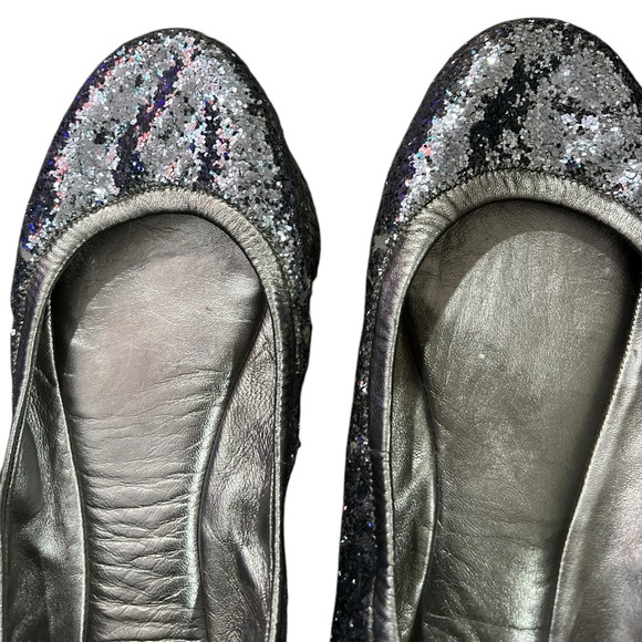 TORY BURCH Eddie Pewter Leather Glitter Ballet Flats - Picture 10 of 15